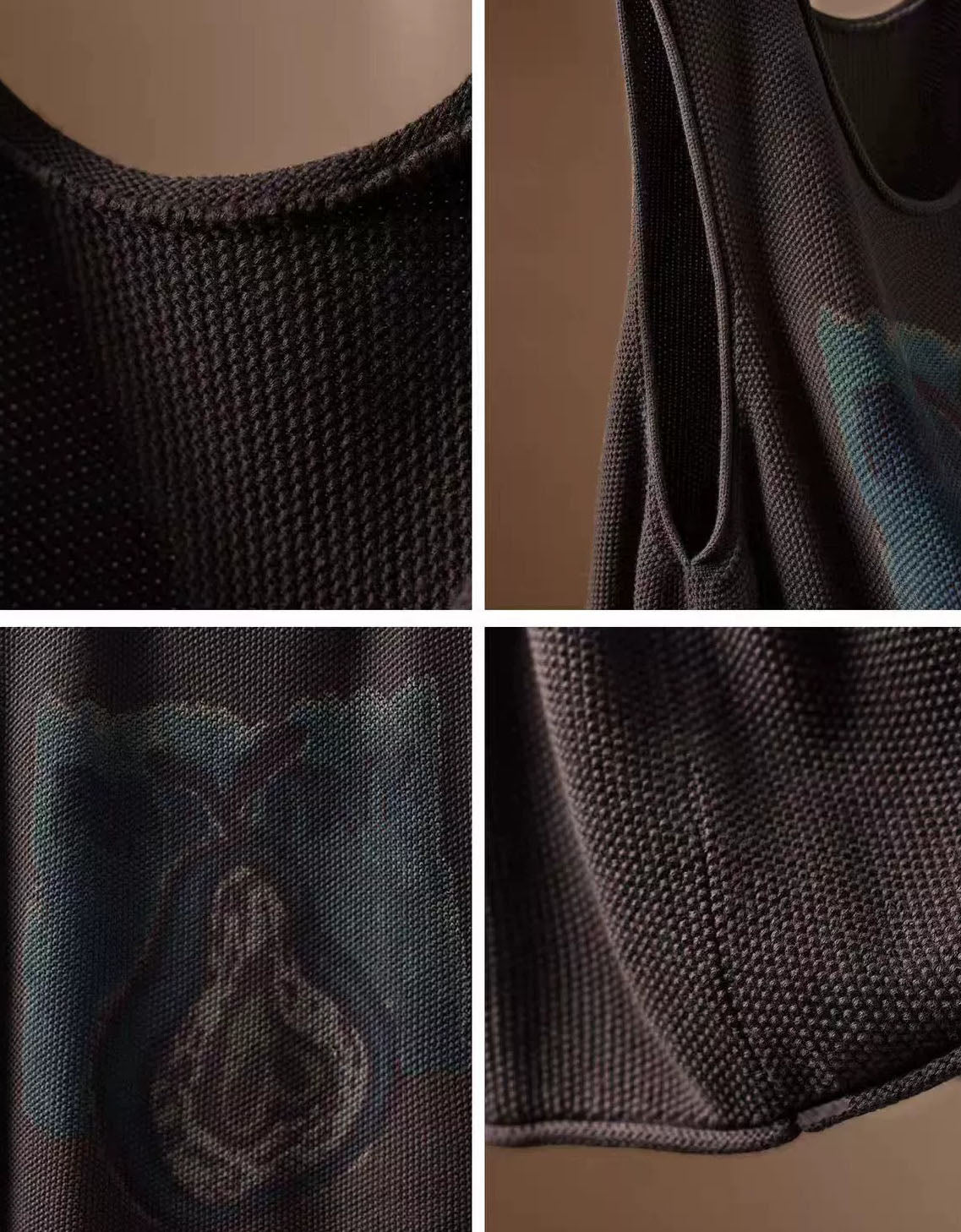 Close-up of the vintage pear illustration on a taupe textured knit sweater vest