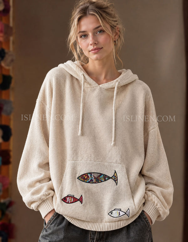 Women's Beige Embroidered Fish Pullover Hoodie