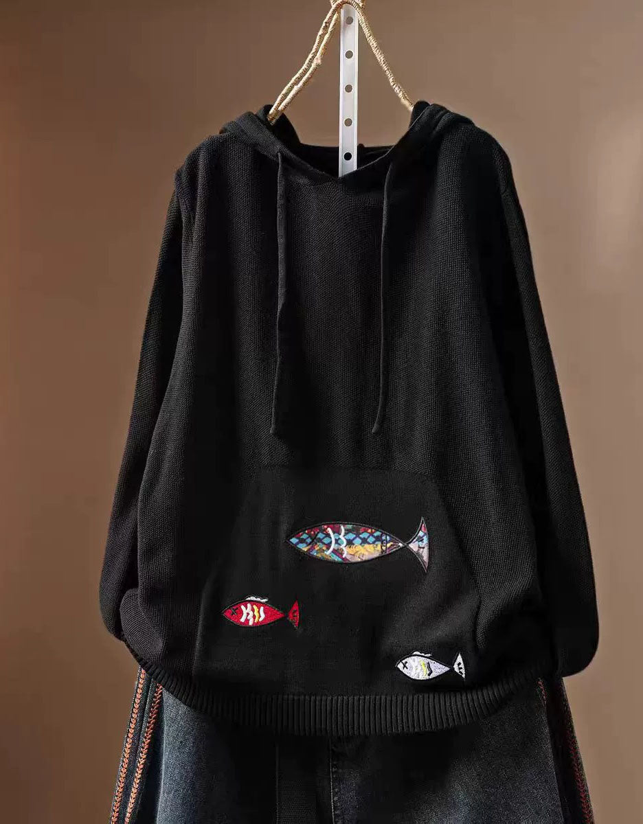 Women's Black Fish Embroidery Hooded Sweater