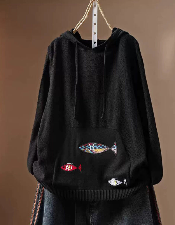 Women's Black Fish Embroidery Hooded Sweater