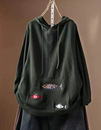 Women's Green Fish Embroidery Hooded Sweater