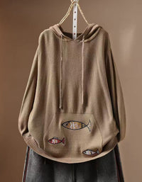 Women's Khaki Fish Embroidery Hooded Sweater