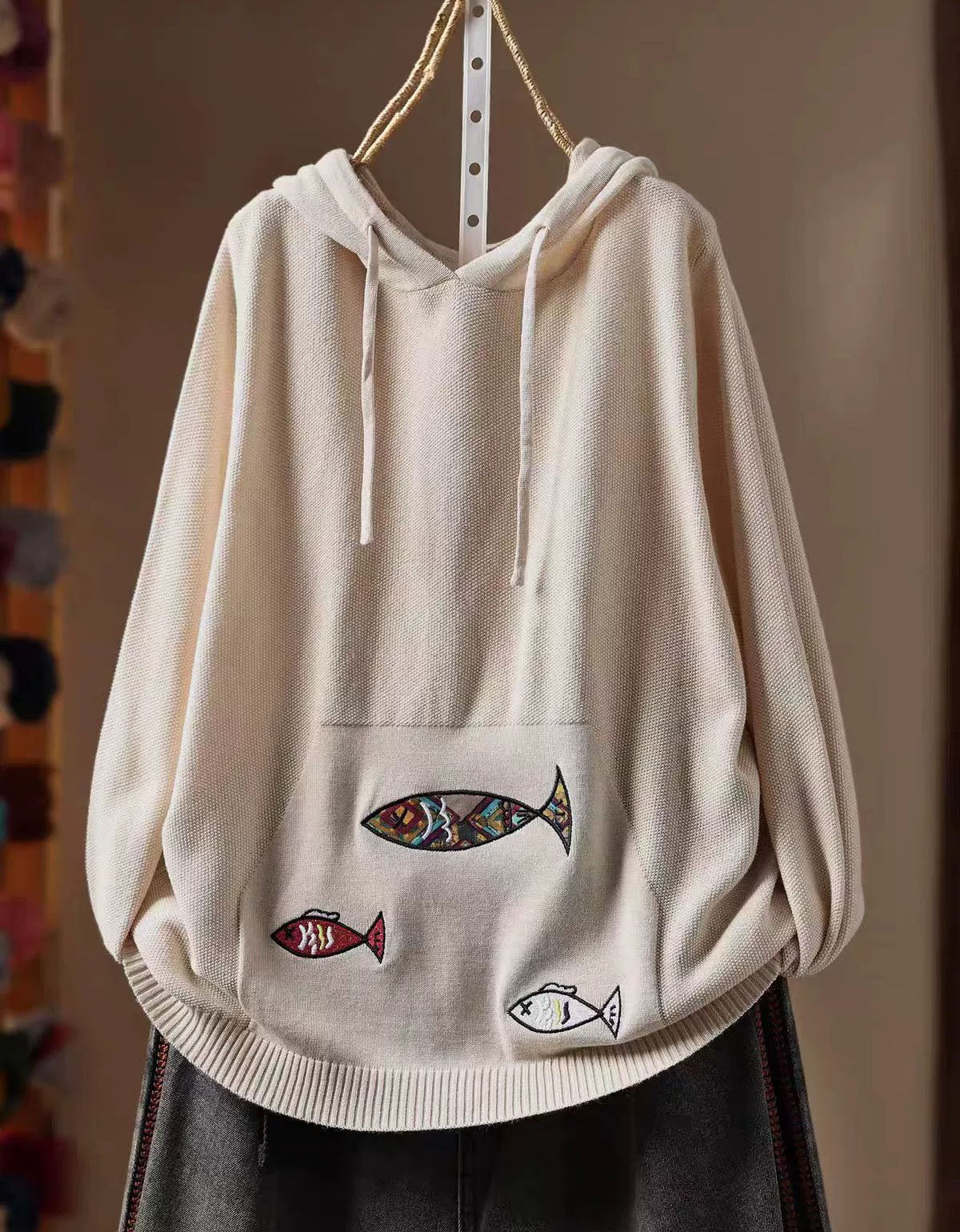 Beige Fish Graphic Embroidered Hoodie for Women