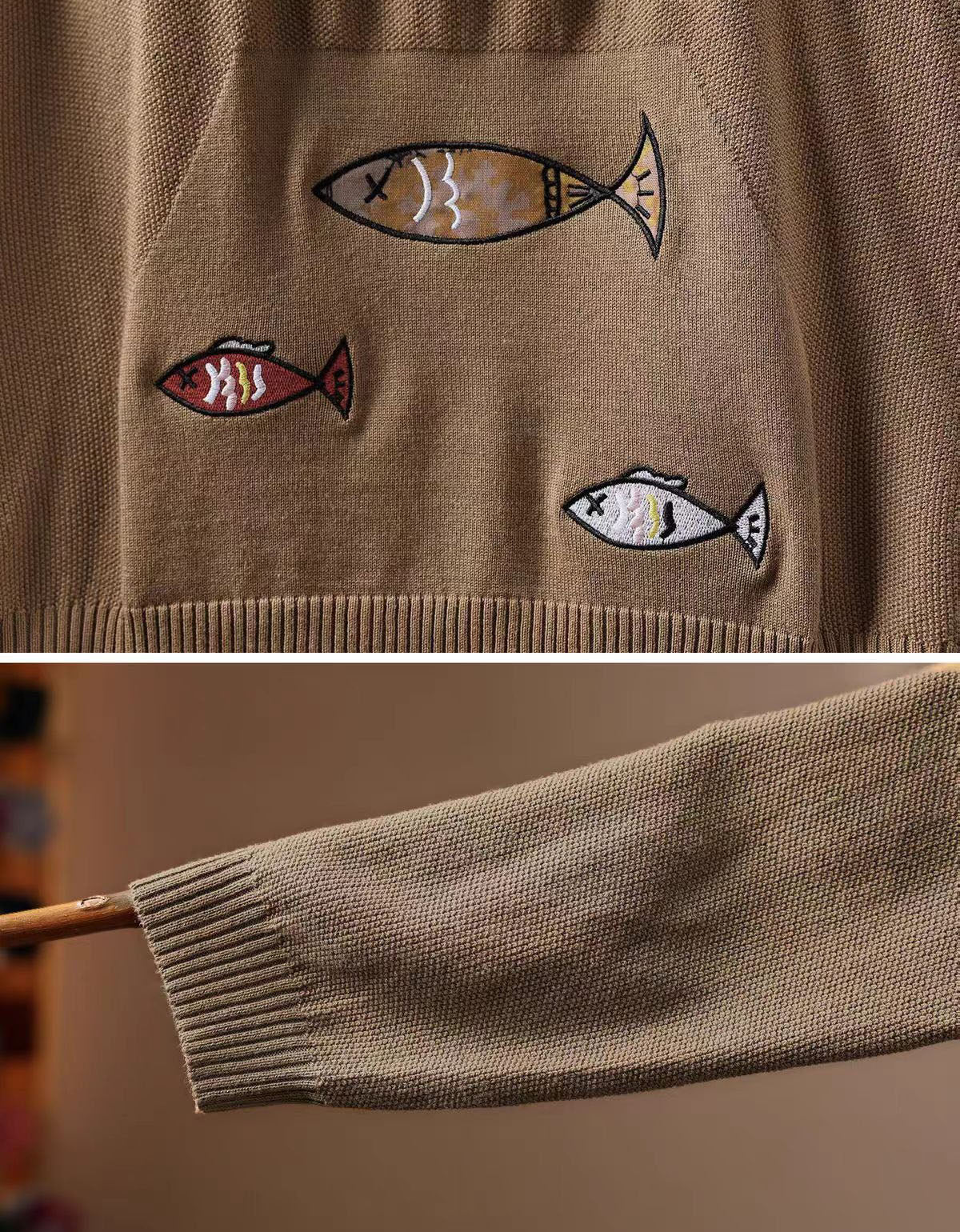 A close-up of Women's Beige Artistic Embroidery Hoodie Sweater