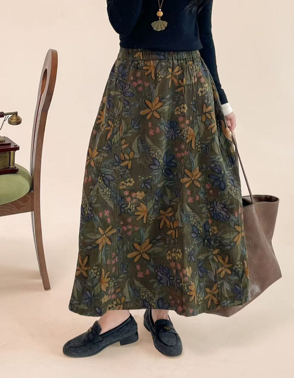 Women’s Vintage Floral Maxi Skirt – Olive Green Elastic Waist A-Line