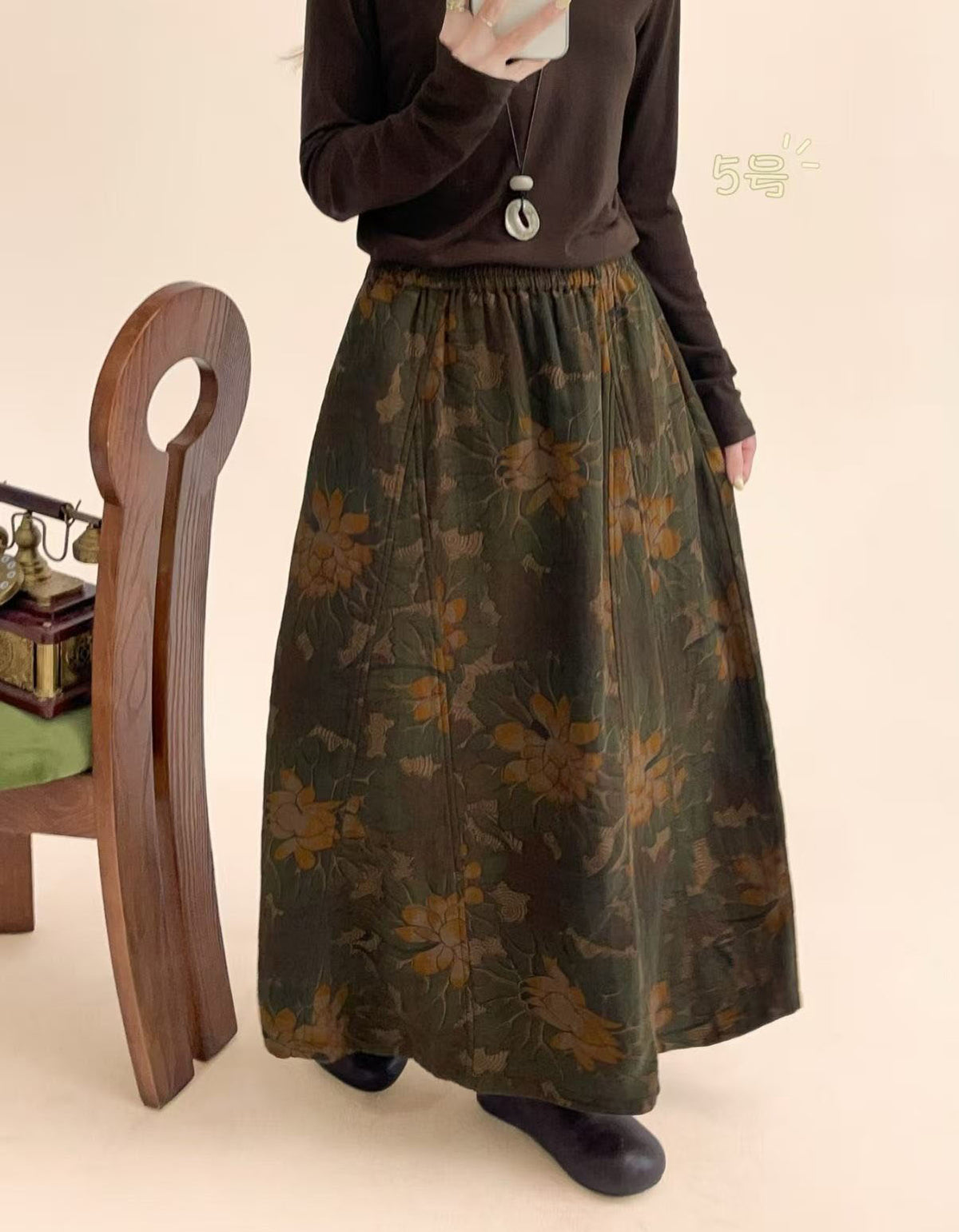 Boho Floral Midi Skirt – Retro Botanical Print Long Skirt for Fall