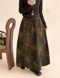 Boho Floral Midi Skirt – Retro Botanical Print Long Skirt for Fall