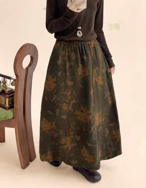 Boho Floral Midi Skirt – Retro Botanical Print Long Skirt for Fall