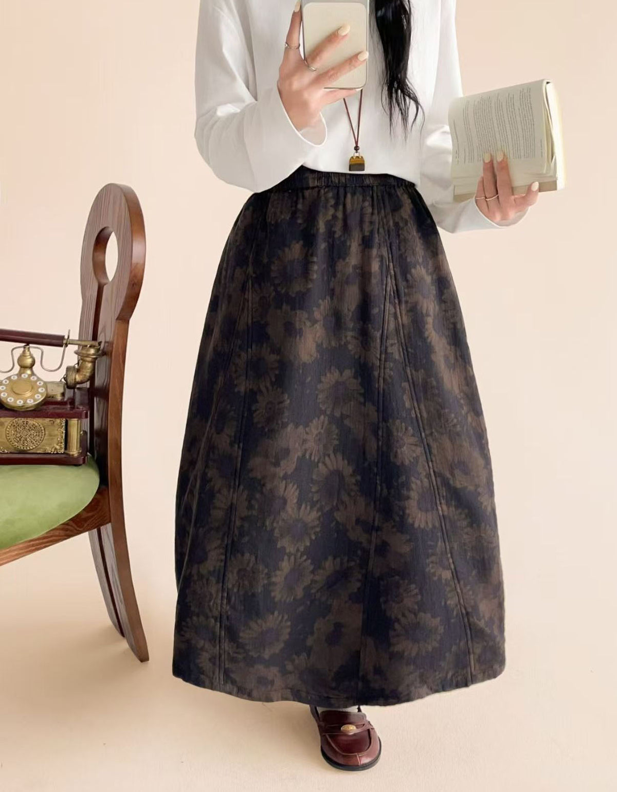 Purple Floral Maxi Skirt – Artsy Vintage Style A-Line Skirt