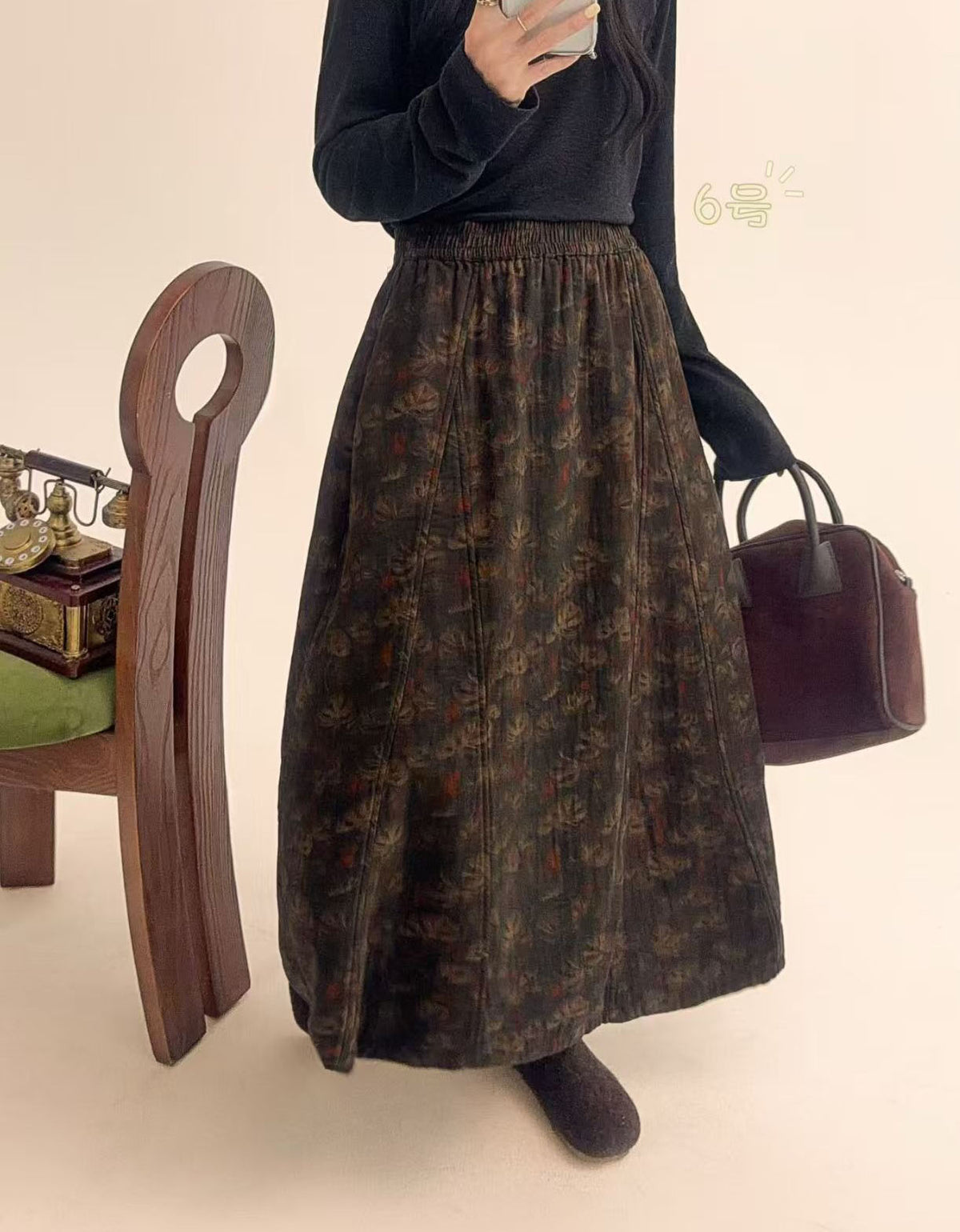 Retro Botanical Print Skirt – High Waist Elastic Long Skirt for Women