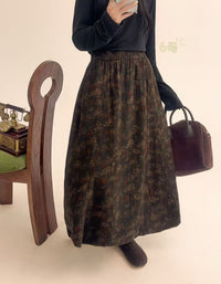 Retro Botanical Print Skirt – High Waist Elastic Long Skirt for Women