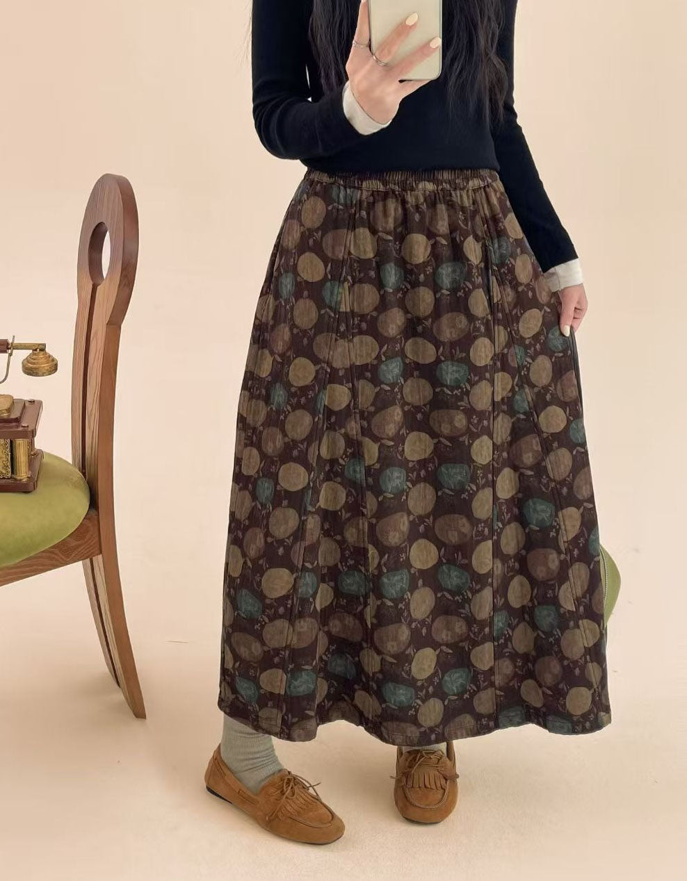 Painterly Floral Maxi Skirt – Moody Green Boho Skirt for Fall & Winter