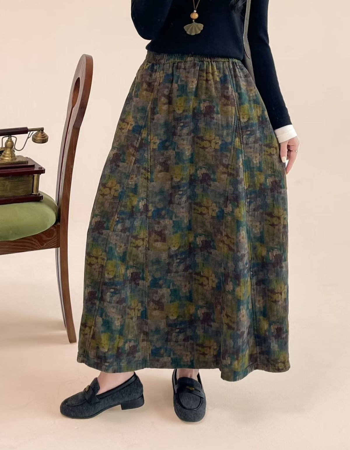 Vintage Floral Maxi Skirt – Olive Green Elastic Waist A-Line Skirt