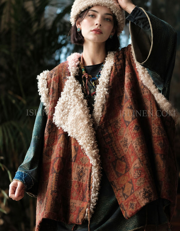 Women's vintage boho vest with ethnic geometric pattern and cream curly trim