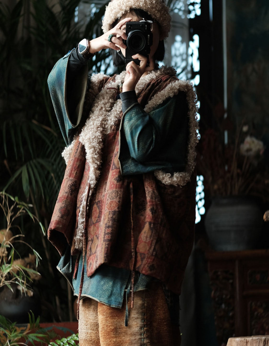 Women's Ethnic Print Faux Shearling Trim Vest