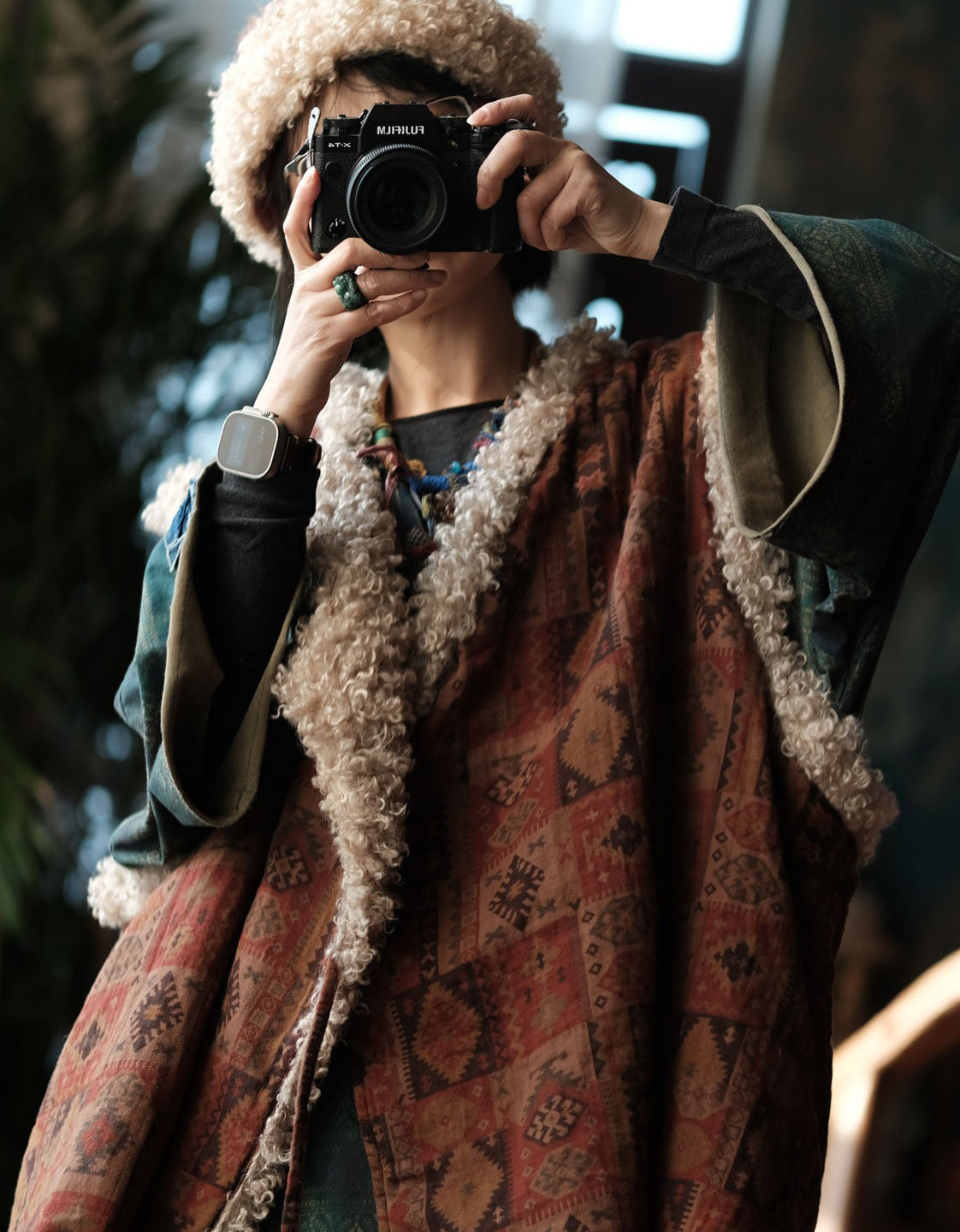 Women's Boho Geometric Print Shearling Trim Vest