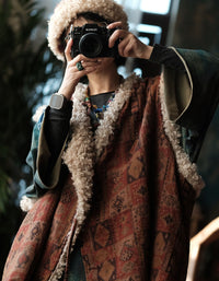 Women's Boho Geometric Print Shearling Trim Vest
