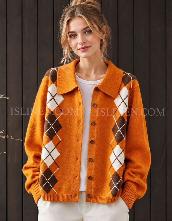 Women's orange argyle knit cardigan with collar and brown buttons, front view