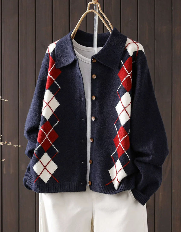 Women's navy argyle knit cardigan with collar and brown buttons, front view