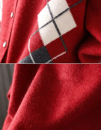 Close-up of women's Retro Orange Diamond Pattern Knit Sweater