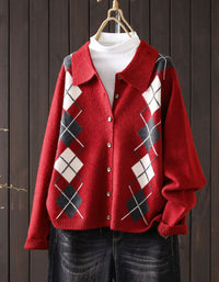 Women's red argyle knit cardigan with collar and brown buttons, front view