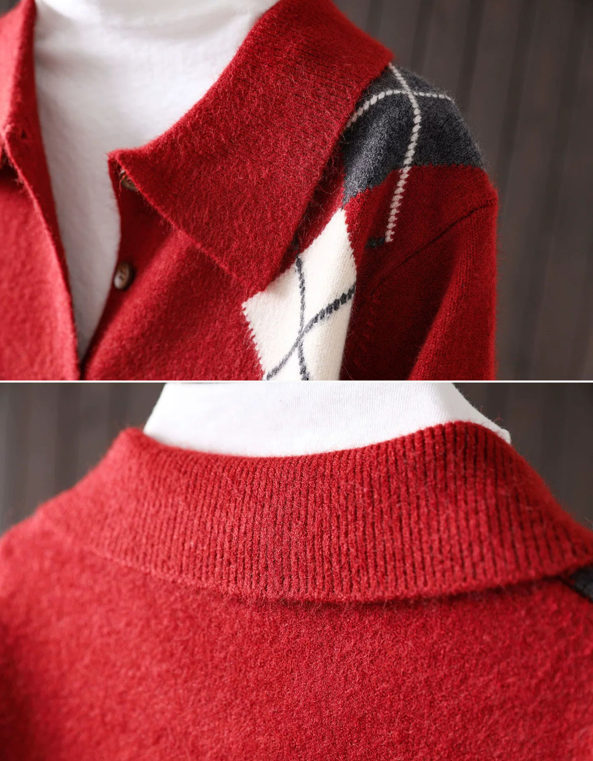 Close-up of white and brown diamond argyle pattern on an red women's cardigan