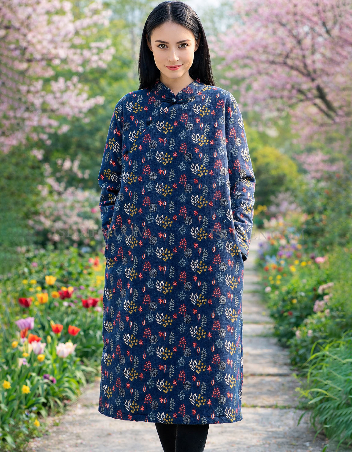 Breathable cotton linen floral dress women navy