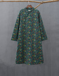 Breathable cotton linen floral dress women green