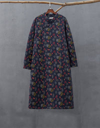Breathable cotton linen floral dress women navy