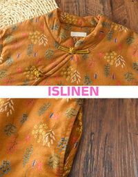 Loose fit women floral linen dress outdoor close-up