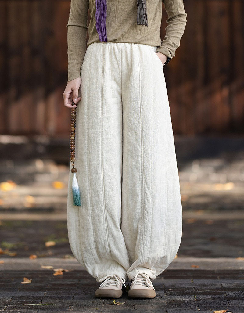 Women's loose fit linen harem pants with elastic waistband and gathered ankle cuffs