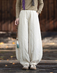 Women's loose fit linen harem pants with elastic waistband and gathered ankle cuffs