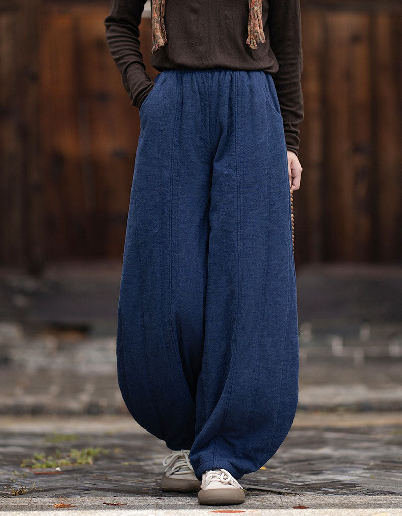 Women's loose fit navy harem pants with elastic waistband and gathered ankle cuffs