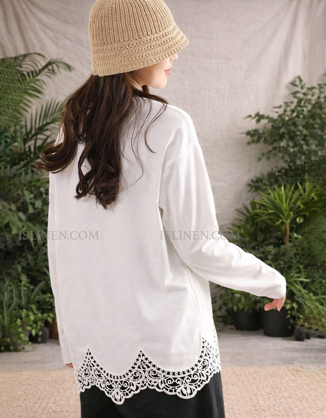 Casual white long sleeve lace trim top for women back view