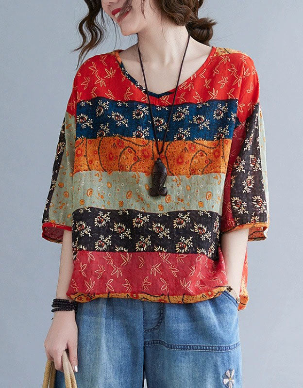 Women’s boho floral top and embroidered denim pants set, casual and colorful outfit