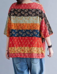 Back view of women’s boho floral top and embroidered denim pants set, casual and colorful outfit