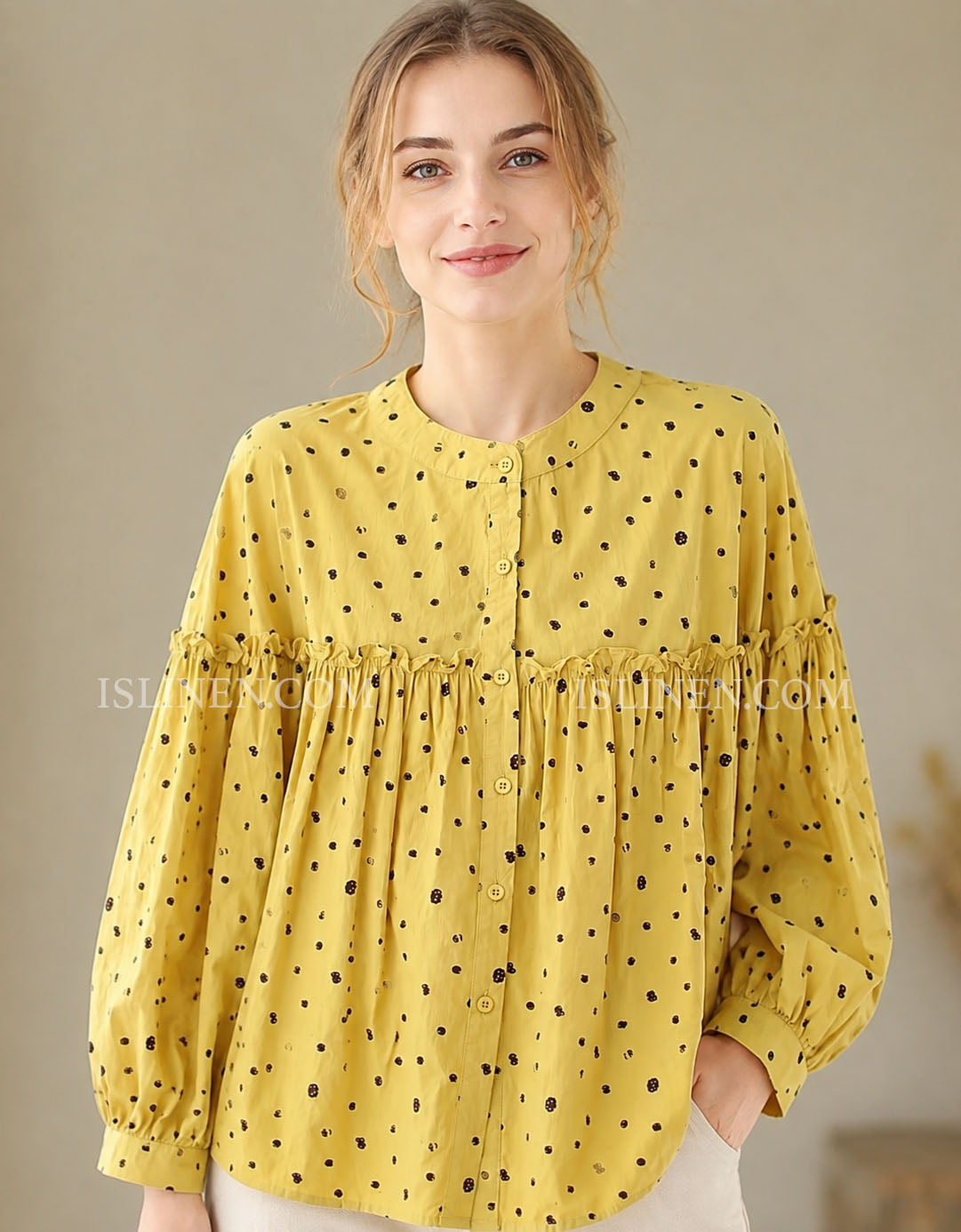 Women’s Vintage Loose Polka Dot Ruffle Button Front Shirt