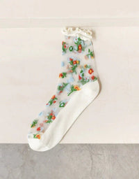 3 Pairs Vintage Flower Embroidery Transparent Socks - Islinen