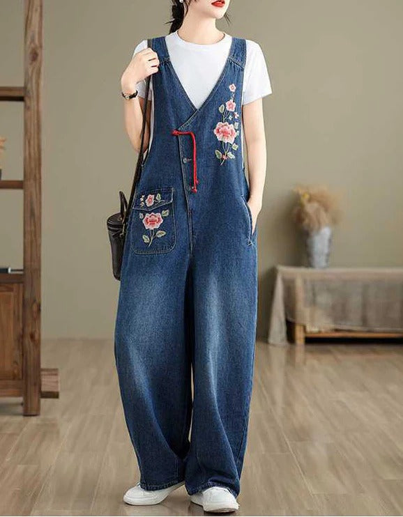 Loose Casual Embroidery Denim Jumpsuit
