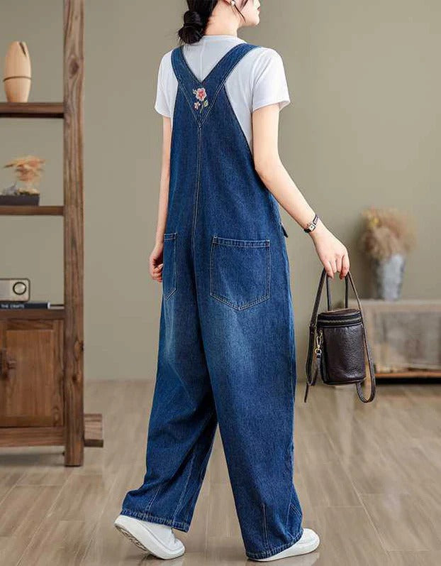 Loose Casual Embroidery Denim Jumpsuit