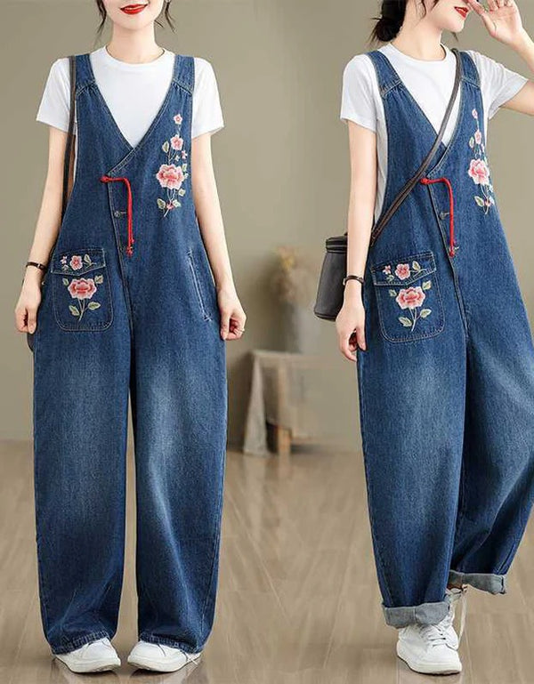 Loose Casual Embroidery Denim Jumpsuit