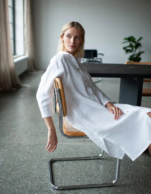 linen shirt dress women Natural Light Long Relaxed silhouette Deep Green All-Day Linen Shirt