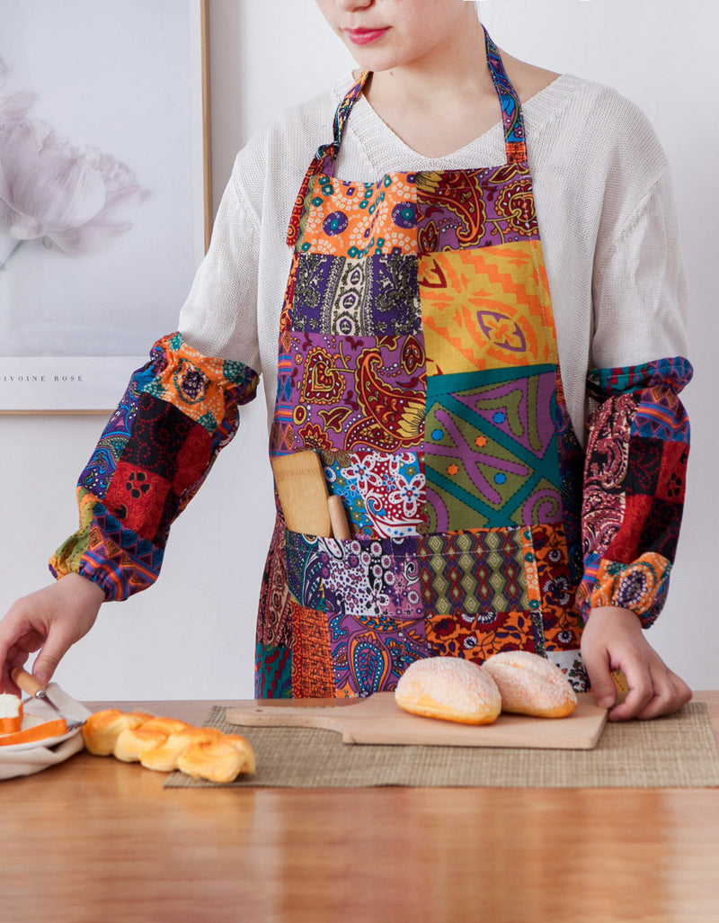 Mixed Color Cotton Patchwork Cooking Aprons with Sleeve Covers