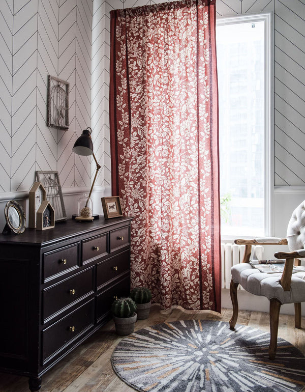 Orange Floral Bird Printed Cotton Vintage Curtains