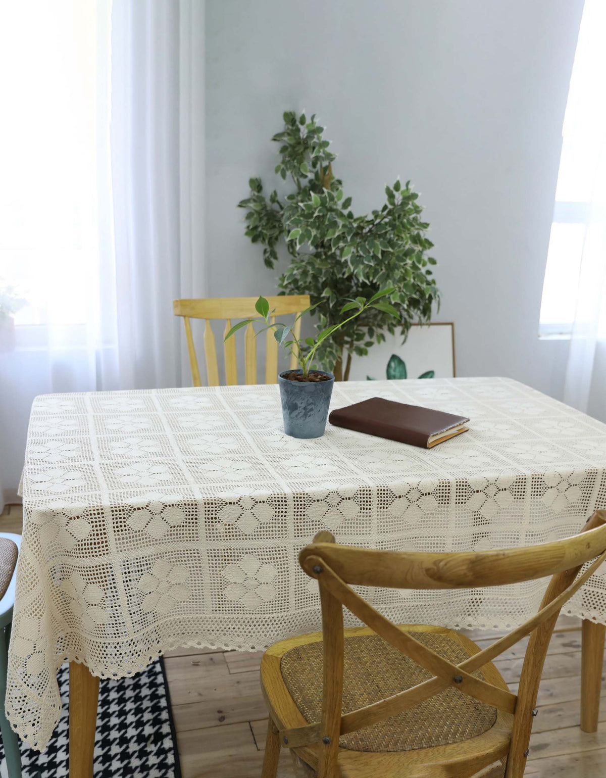 Vintage Beige Knitted Pure Cotton Square Tablecloth