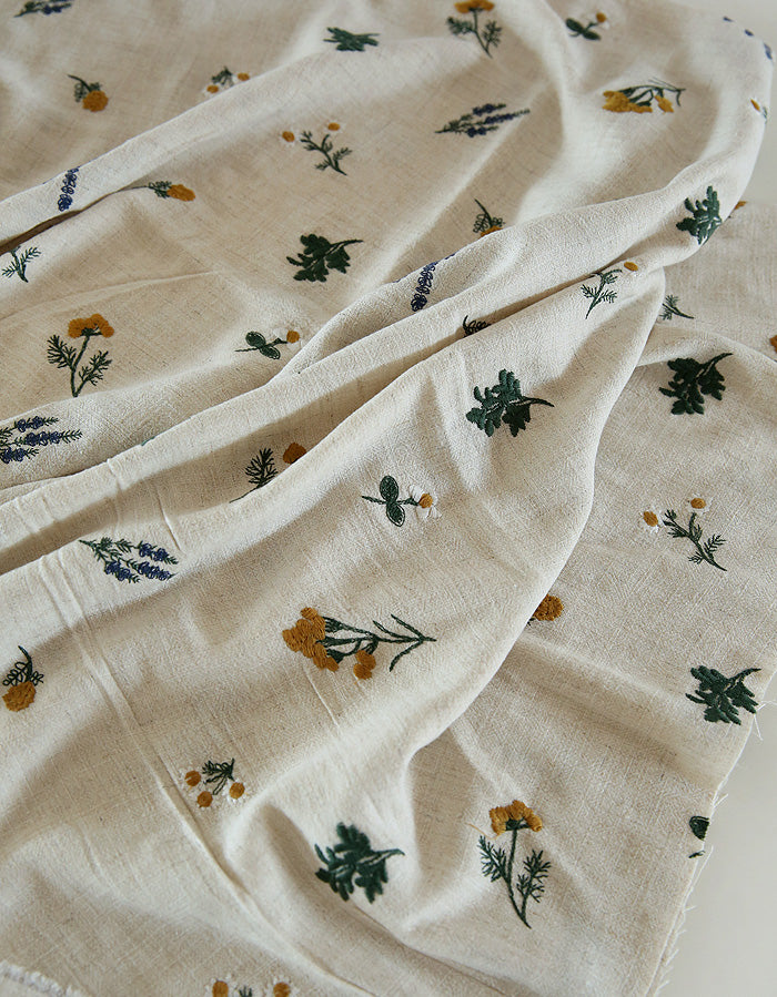 Tela vintage de lino y algodón con bordado de flores