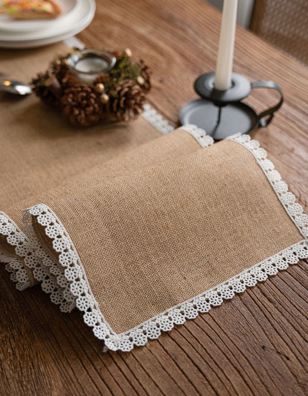 Vintage Cotton Linen Lace Brim Table Runner