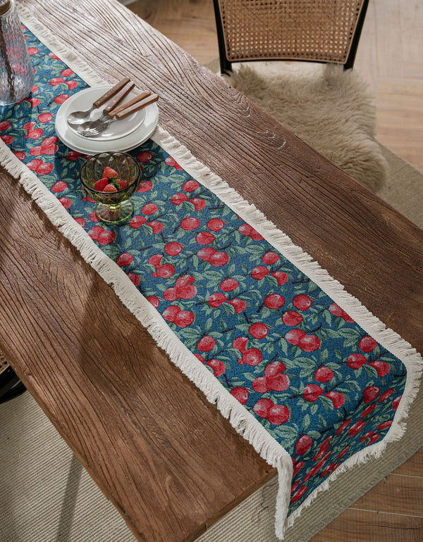 Chemin de table à pampilles en jacquard vintage à motif cerisier